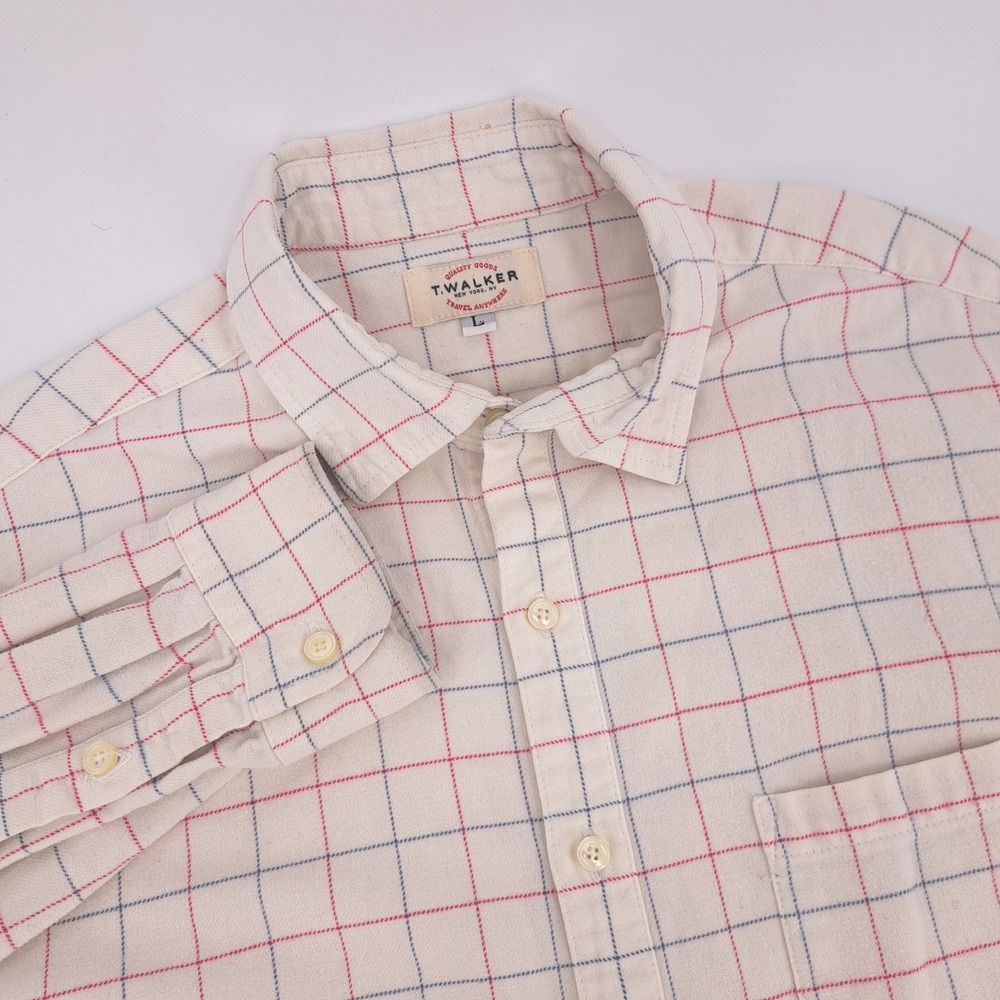 T.Walker Button Down Shirt Mens L Cotton Flannel Cream Red Blue Windowpane Check